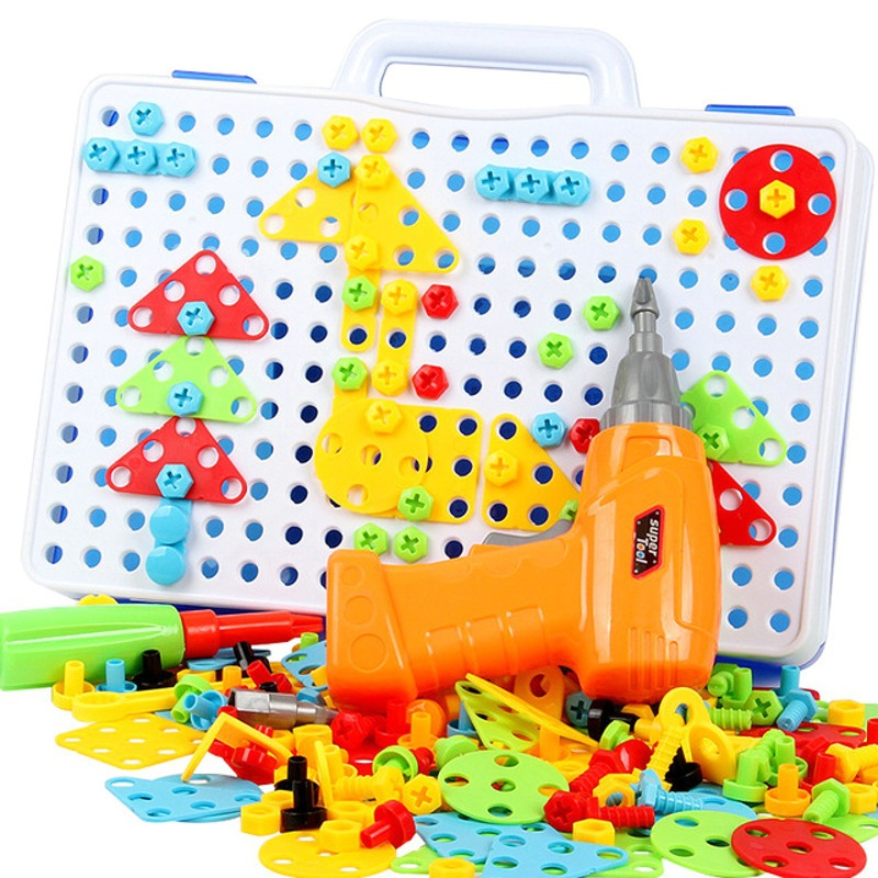 抖音同款儿童电钻螺丝拆装拼图组合3立体拼盘工具台手拧电动积木玩具