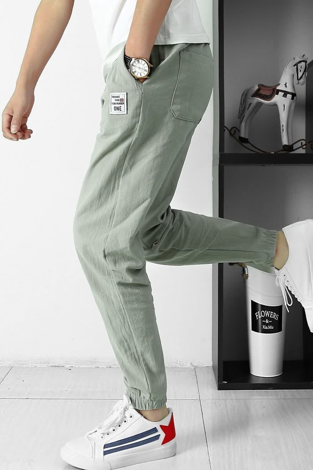 春夏季纯棉款男士休闲裤男生束脚裤卫裤工装裤修身小脚裤九分裤子