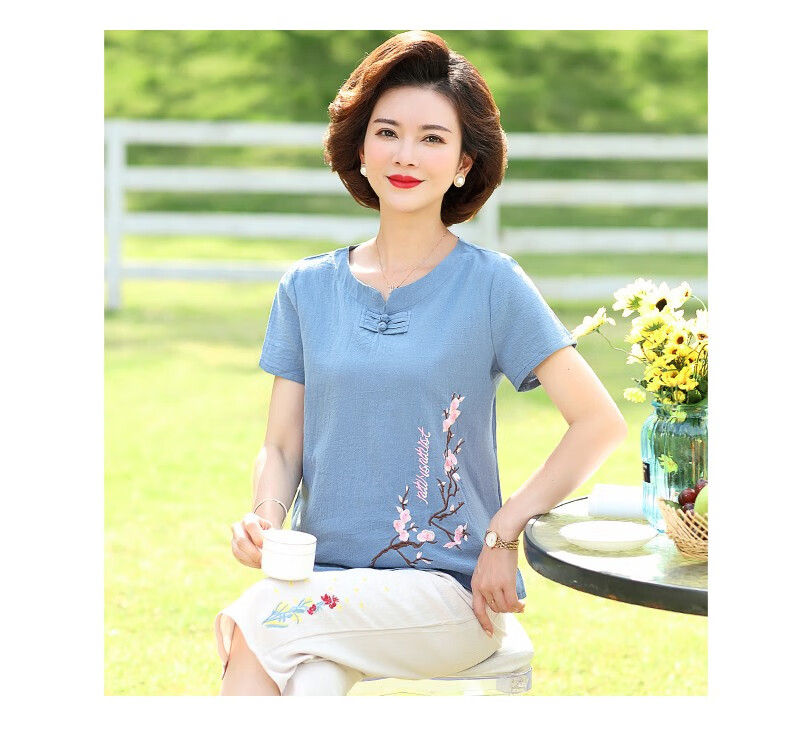 Hengyuanxiang Middle-aged Mom Summer Cotton Embroidered Short Sleeve T-shirt Casual Homewear Cotton Linen Women's Clothing for Middle-aged and Elderly 12