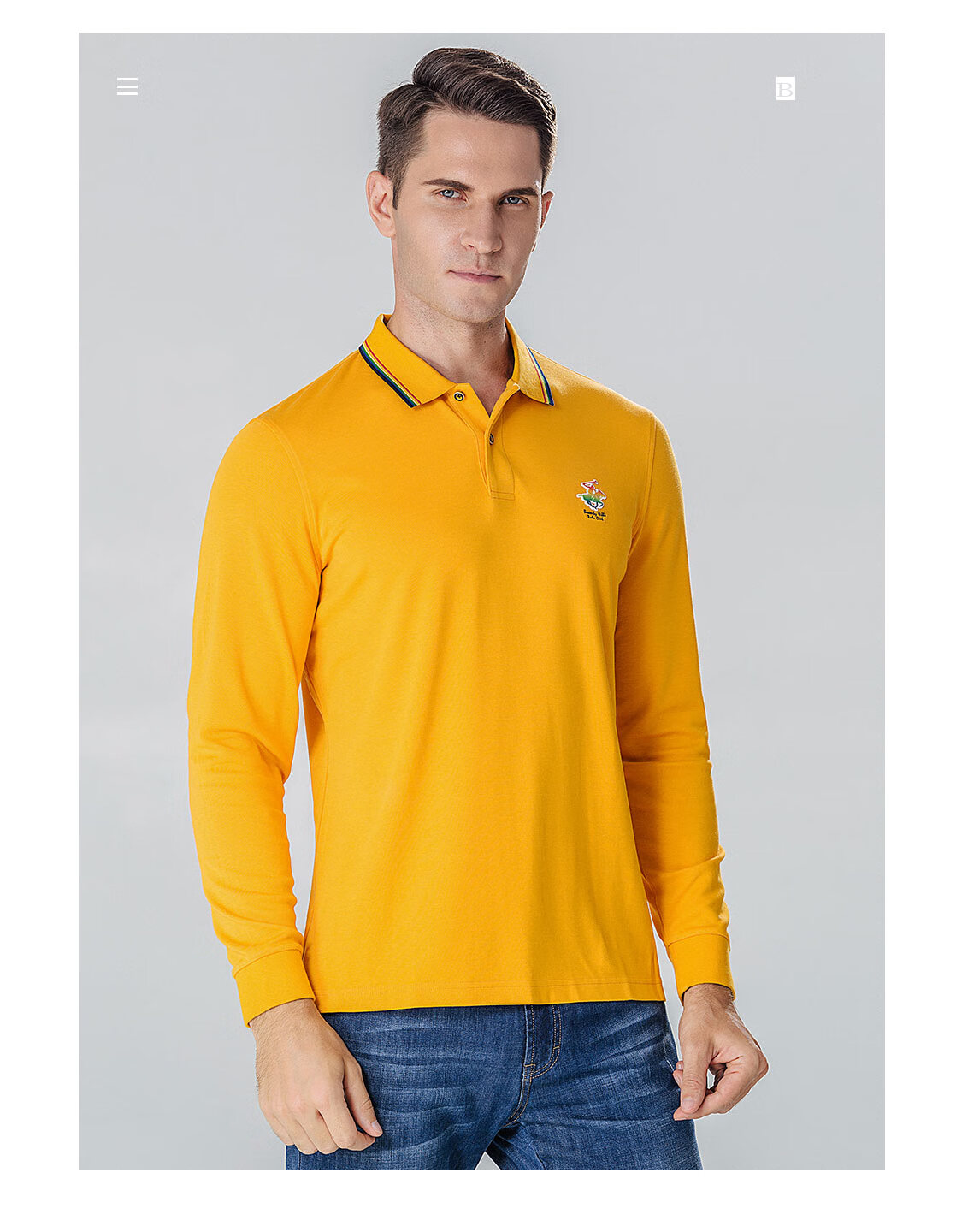 比华利保罗秋冬商务休闲长袖polo衫男士撞色彩虹刺绣翻领上衣 宝蓝