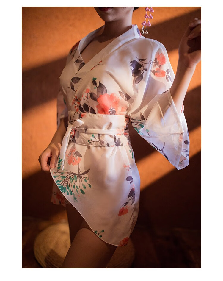 霏慕 日系雪纺开襟性感低领印花日本和服 女式情趣内衣 宽松透明夜店