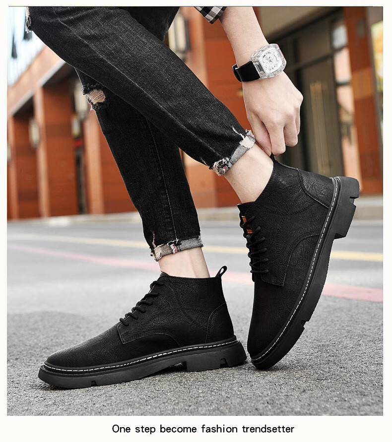 花花公子品牌高档男鞋秋季高邦男靴英伦增高cm马丁靴男士冬季皮鞋休闲