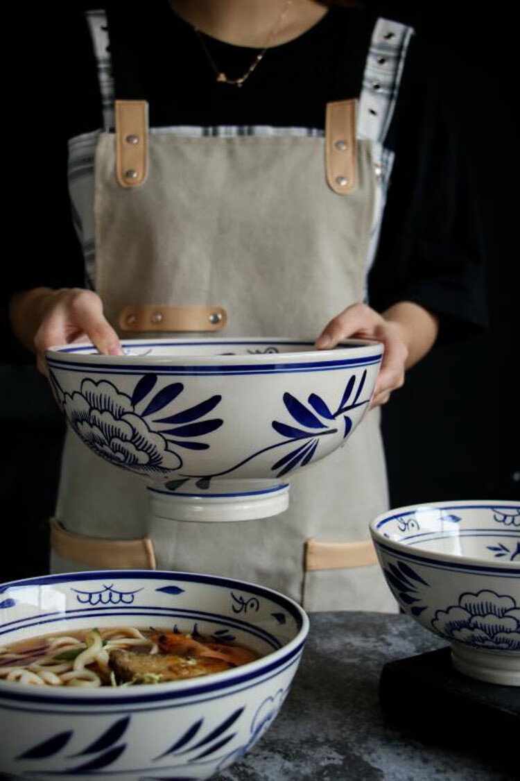 洛蒂欧拉面碗 青花陕西大碗大老碗高脚大碗油泼面碗臊子面碗复 10寸高