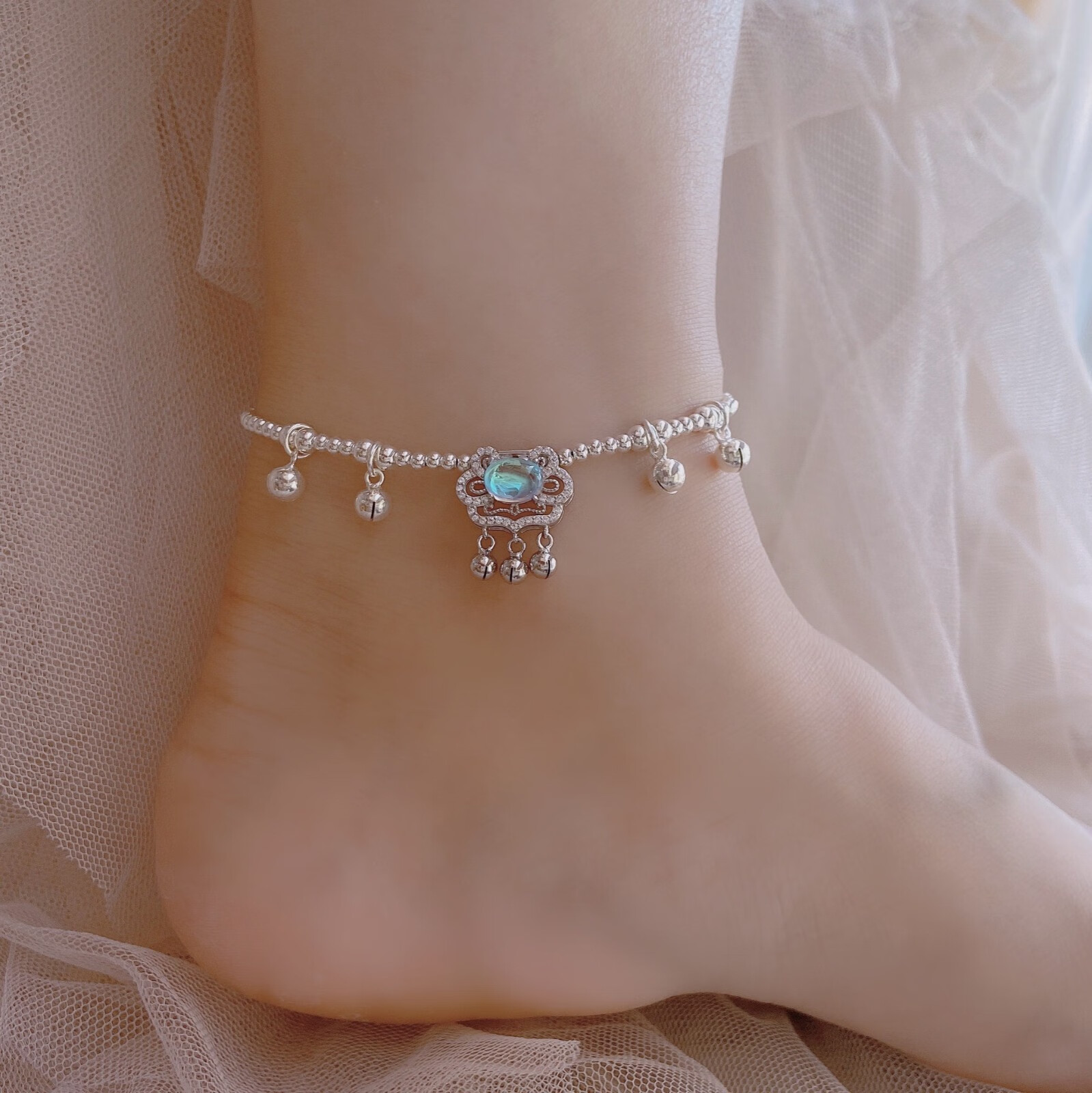 艾风格重工大宫铃s925银脚链铃铛会响银珠女平安锁招财猫送情人节礼物