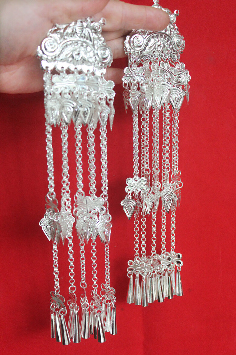 苗族银饰耳环湖南湘西披肩流苏百搭流行饰品时尚耳饰 银色1 20厘米