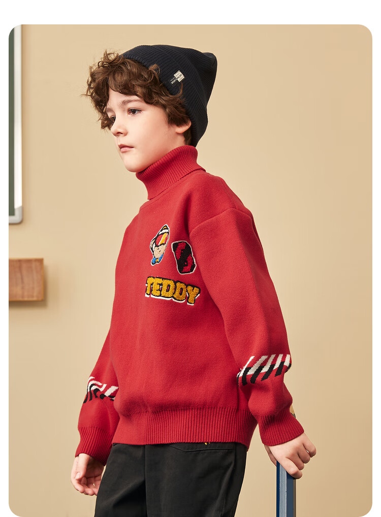 【泰迪珍藏联名】mqd2022冬装新款童装男童高领毛衣加厚保暖上衣 黑色