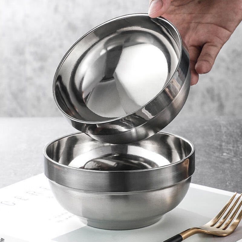 买一带一不锈钢双层冷面碗吃饭碗汤碗成人大碗防摔防烫特厚双层隔热防