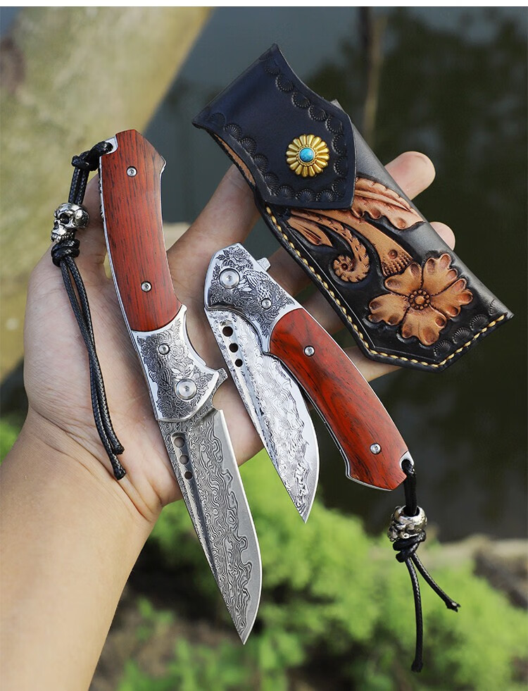 进口日本大马士革钢刀户外折叠刀高硬度锋利小刀手工随身刀具60以上85