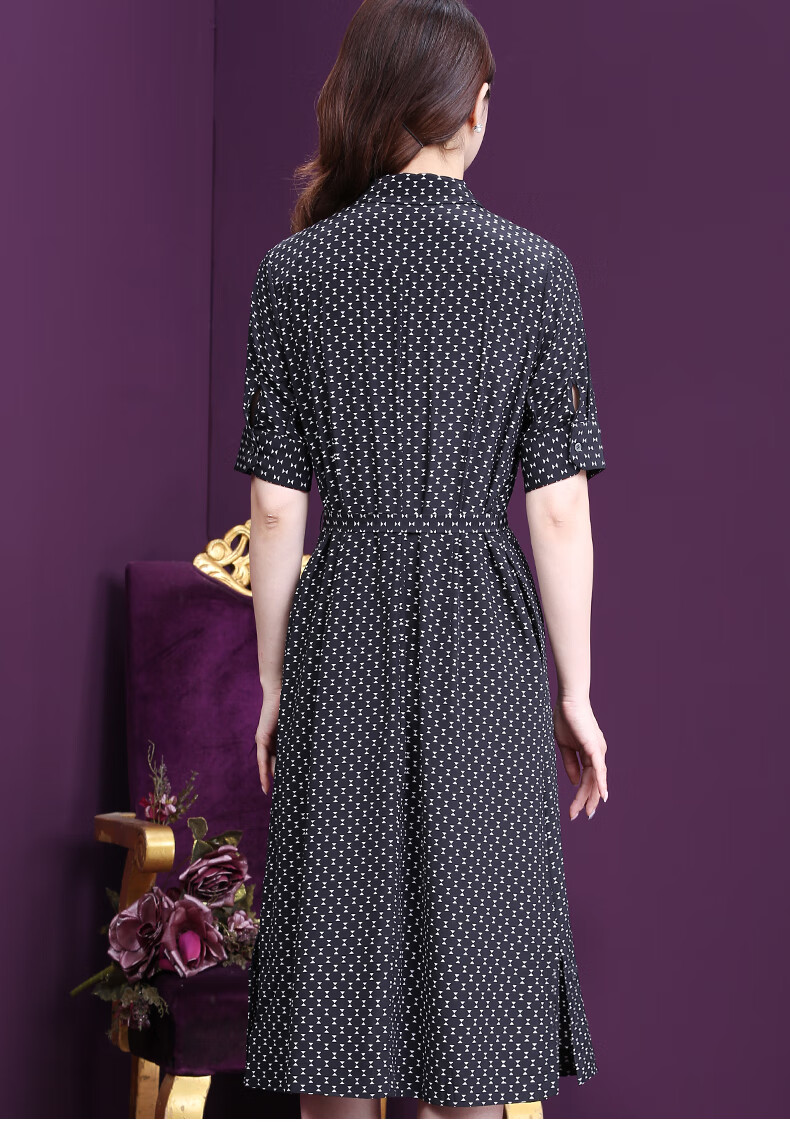 王小鸭女装连衣裙夏新款阔太太polo领收腰波点杭州真丝中长裙黑色4xl