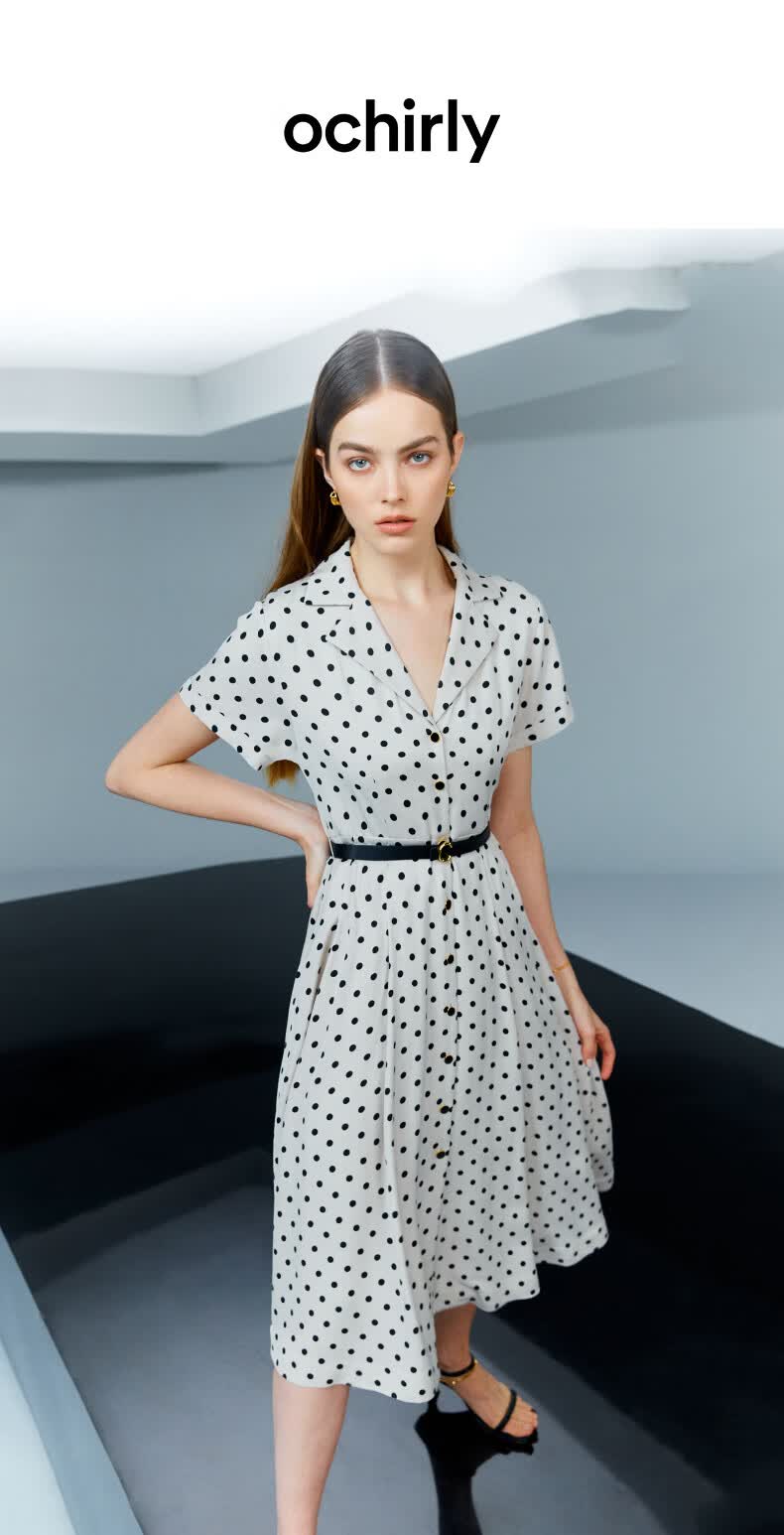 ochirly欧时力新款夏装赫本风波点腰带a字法式浪漫连衣裙收腰杏色870