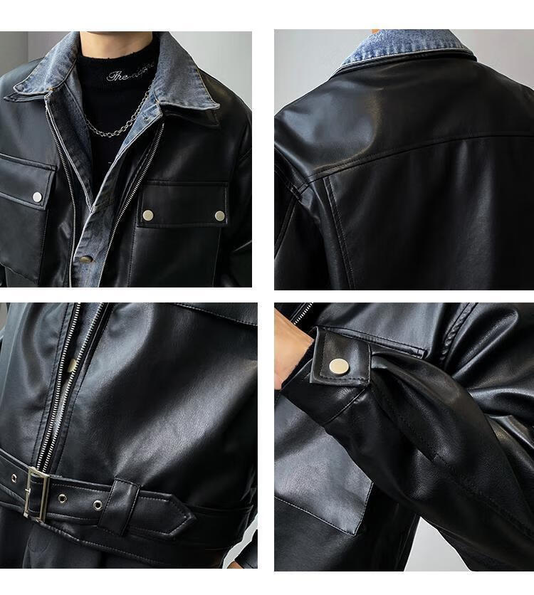 比琳姆牛仔拼接机车皮衣男春秋季2022新款宽松休闲假两件男士皮夹克