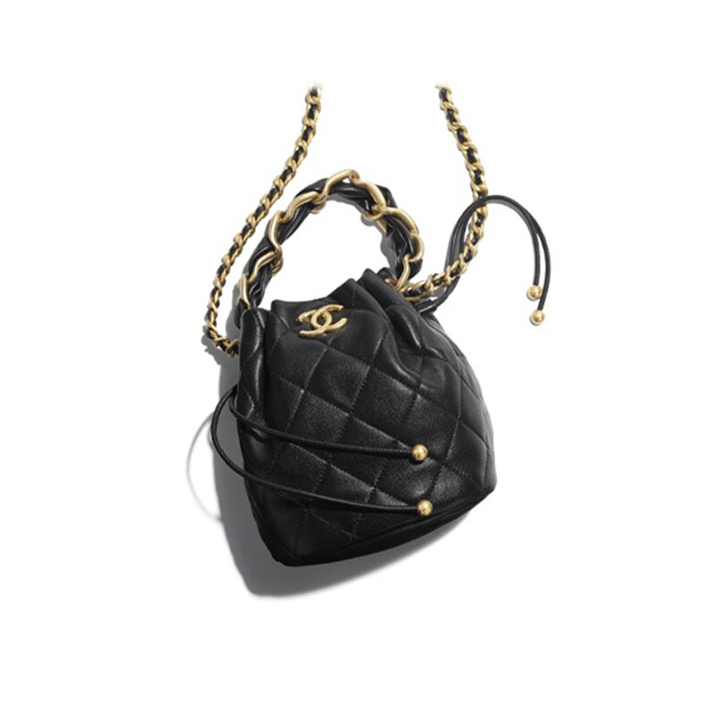 买手代购chanel香奈儿女包2021季度新款菱格纹小羊皮金色链条抽绳包斜