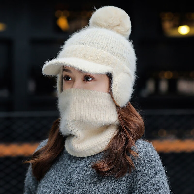 帽子女士毛线帽毛球冬季保暖护耳针织帽户外套头帽纯色加厚鸭舌帽太阳