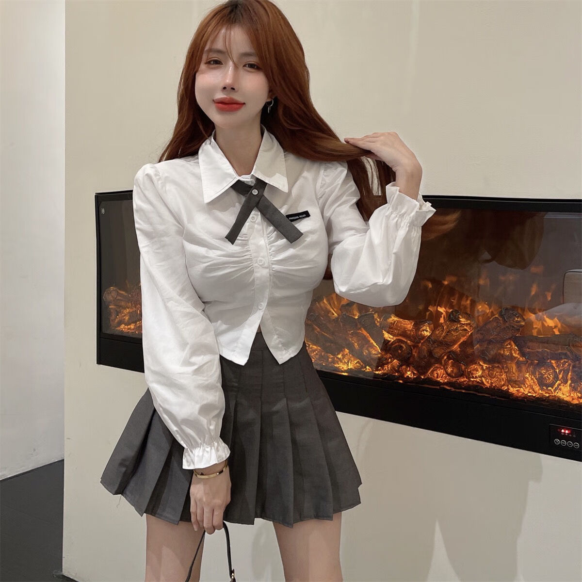 ukot 甜美女装学院风学院风制服套装泡泡袖衬衫秋季jk百褶半身裙纯两