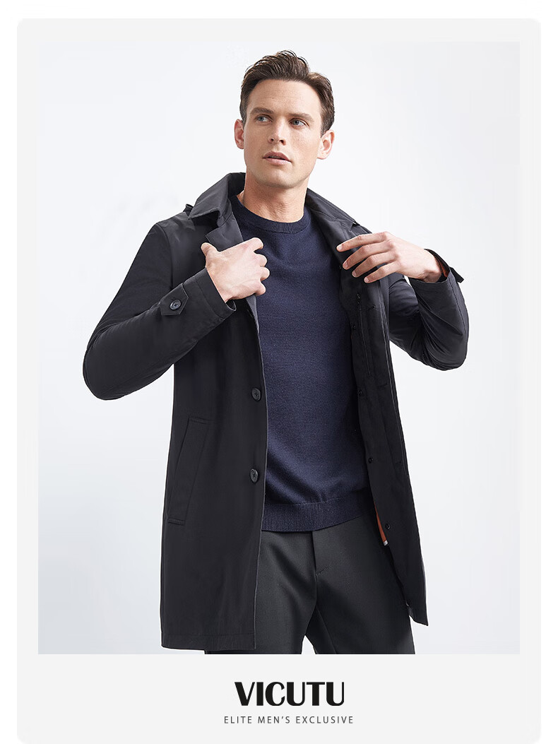 威可多vicutu商场同款男士风衣黑色中长款时尚保暖风衣外套vbs