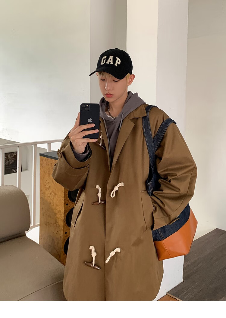 jayihome复古牛角扣巴尔马肯大衣棕色cityboy风衣外套男oversize秋装
