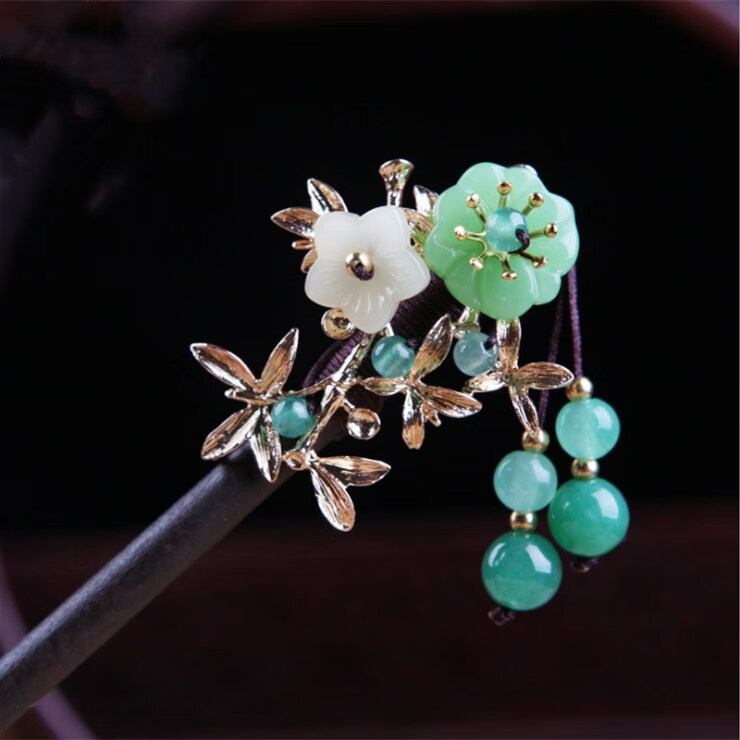 复古典风手工淡绿玉石发簪簪子 古风珠钗盘头发饰 配饰中国风 安夏