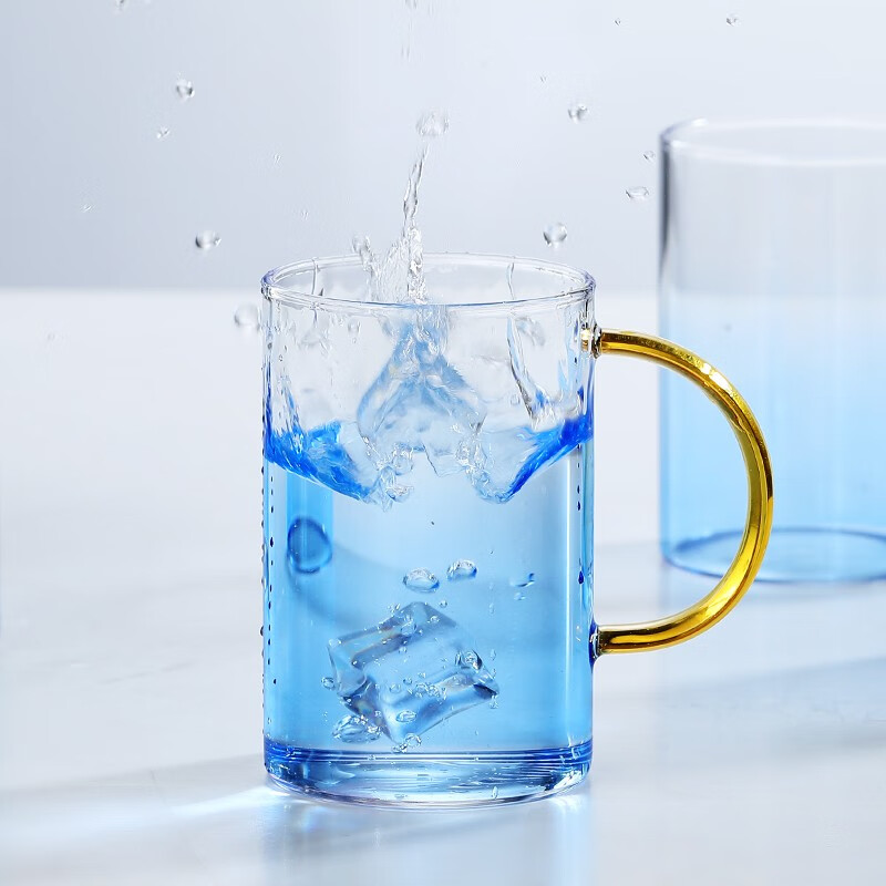 花间道玻璃杯单层耐高温防爆家用凉水杯带手柄办公杯 创意渐变蓝色