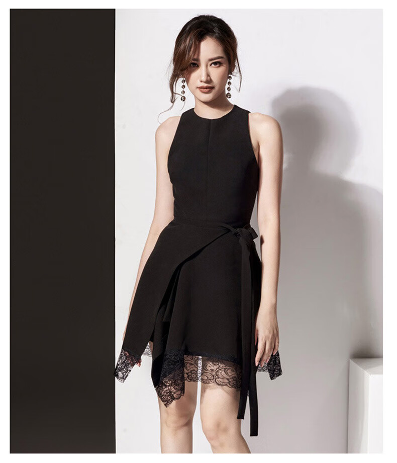 黑色蕾丝连衣裙收腰不规则短裙洋装小礼服修身显瘦小黑裙优雅黑色xs