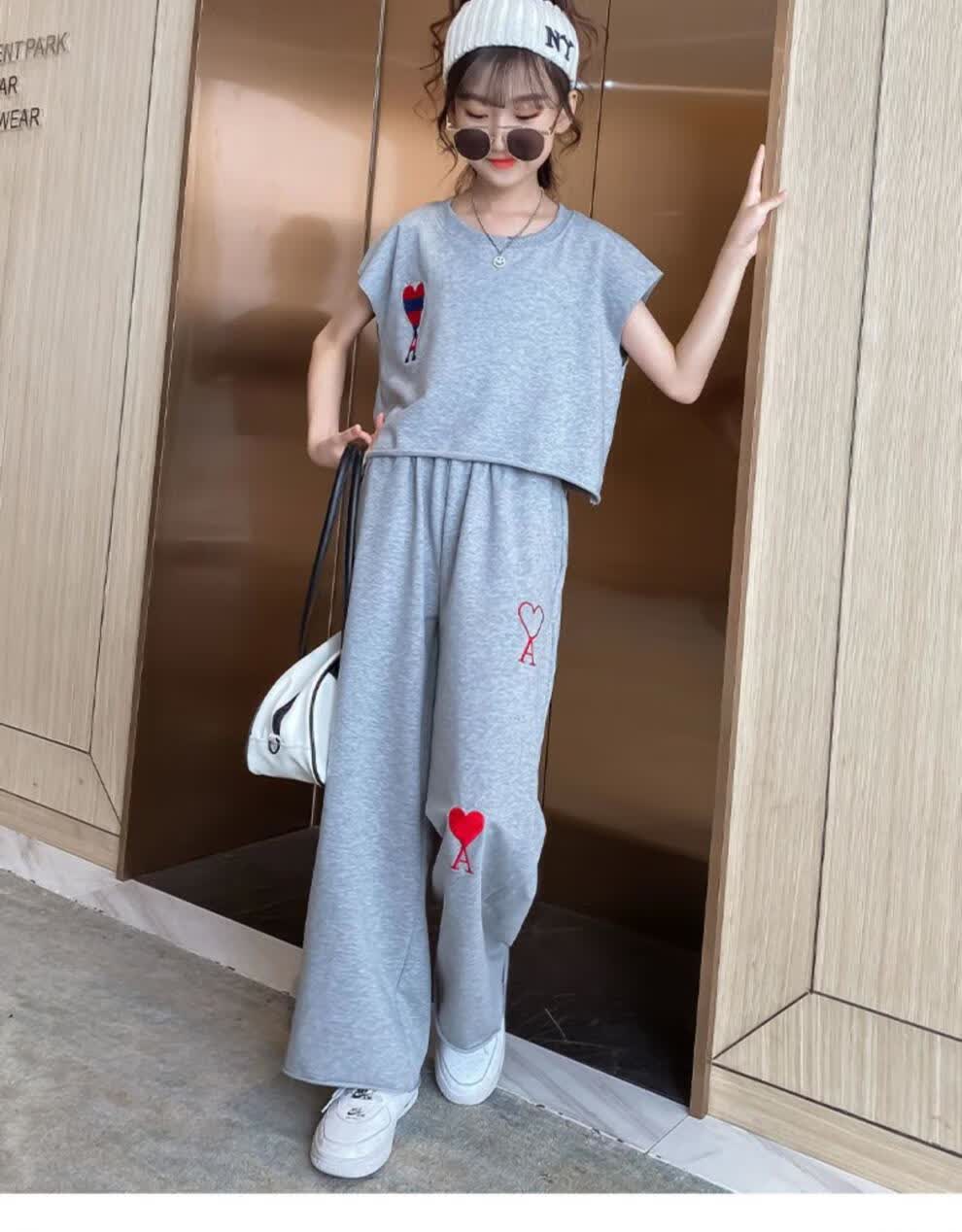 女童套装夏装运动洋气儿童女孩大童女13岁12岁夏季阔腿裤两件套潮灰色