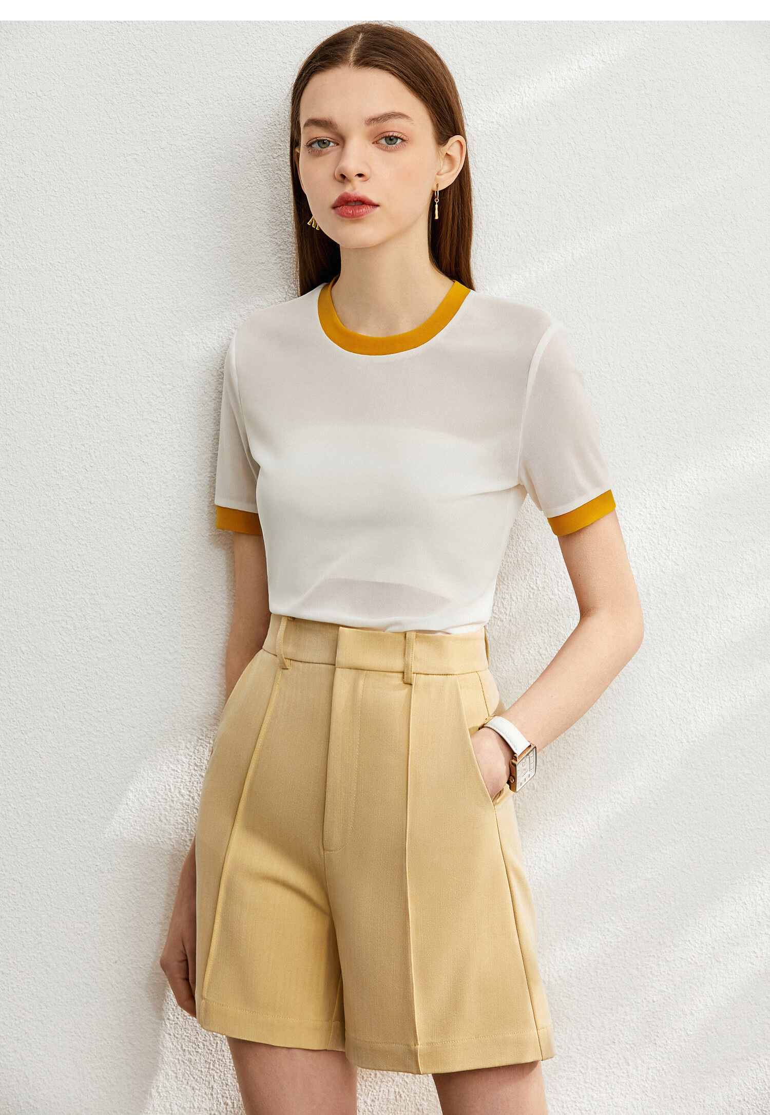 amii极简撞色圆领短袖微透视网纱t恤夏季新款修身显瘦上衣女 琥珀色