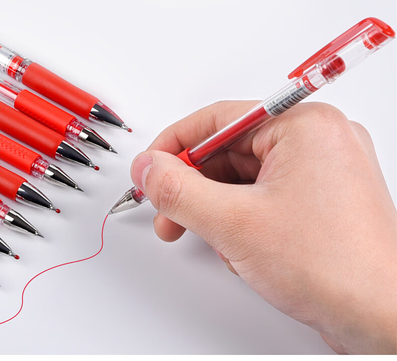 得力红笔教师专用批改作业红色水笔按动中性笔拔帽款学生标记用中油笔