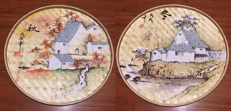 手绘竹编簸箕画手工装饰筐绘画成品创意筛子制品工艺品挂摆件定做
