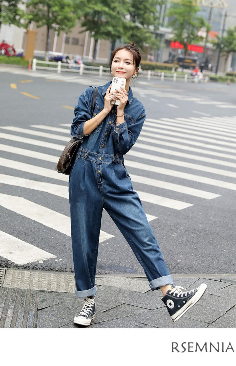 工装牛仔连体裤女2022春秋新款宽松休闲洋气减龄感连衣裤套装牛仔蓝m