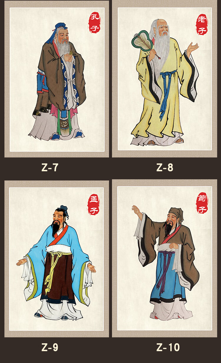 定制学校孔子像孟子画像挂图教室书房孔夫子老子挂像客厅墙贴纸荀子