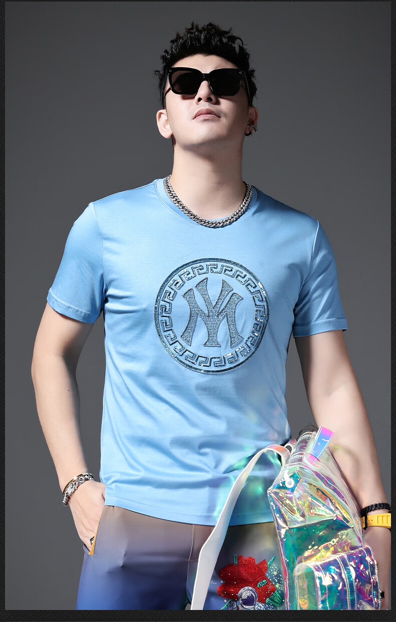2020夏季丝光棉短袖t恤男修身圆领图案男士t恤潮牌打底衫半袖男 蓝色