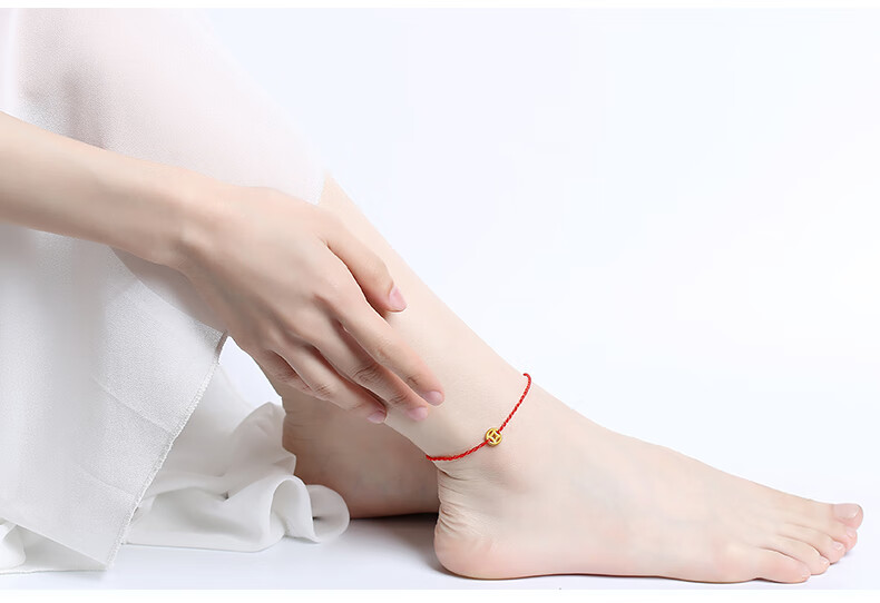 老凤凰足金999脚链男女款铜钱脚饰转运珠3d硬金红绳编织脚绳送礼红绳