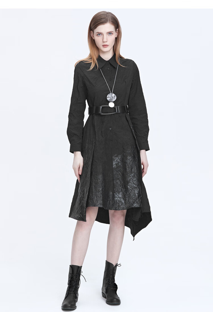 sdeer圣迪奥2022年春季新款肌理褶皱收腰不规则衬衫黑色连衣裙女装s