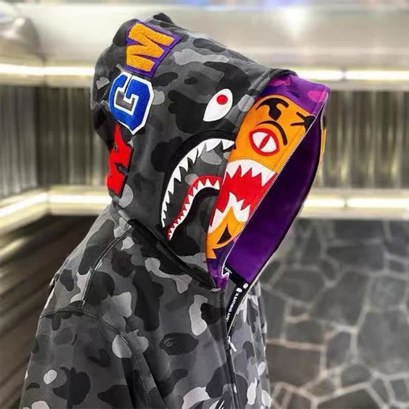 诗狂 日本潮牌bape迷彩鲨鱼老虎头双帽卫衣男冬季加绒开衫拉链连帽