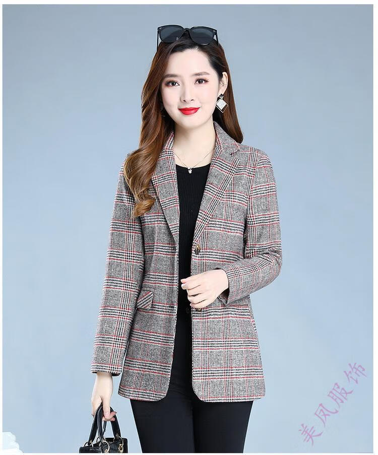 21新款春秋妈妈装外套上衣30岁40时尚中年女装洋气格子小西装外套灰格