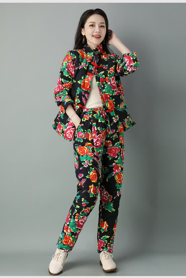品牌同款网红东北大花布衣服棉衣棉裤套装冬加厚盘扣民族风棉袄夹棉两