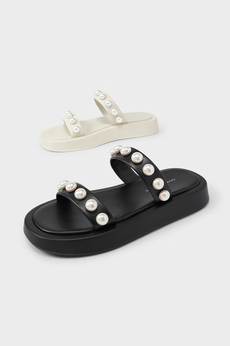 charleskeith22春新品ck170920086女士珍珠绊带露趾厚底凉拖鞋black