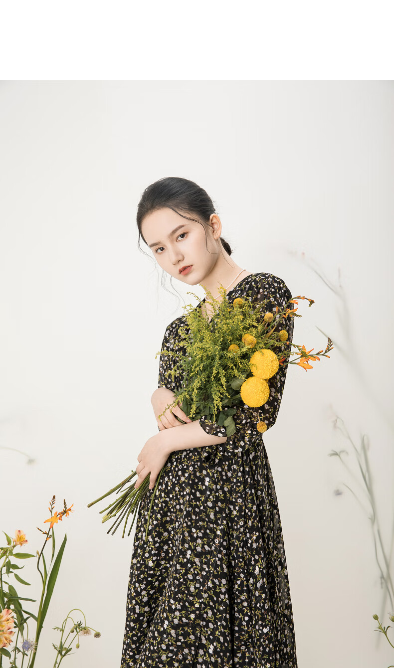 yifini易菲碎花连衣裙春季茶歇裙不规则下摆v领八分袖裙子女新款黑底