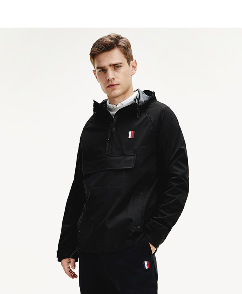 tommy男装春秋简约大口袋拉链半开襟连帽单夹克外套mw0mw11515黑色bds