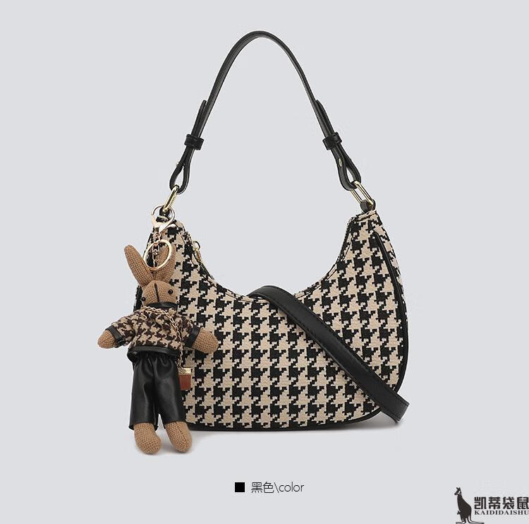 凯蒂袋鼠品牌感千鸟格腋下包女2022新款潮包包春夏时尚单肩斜挎包黑色