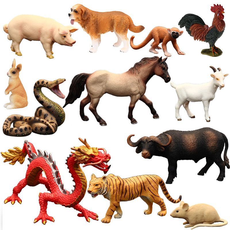 儿童仿真动物玩具野生动物模型套装实心十二生肖龙虎猪年礼物午马