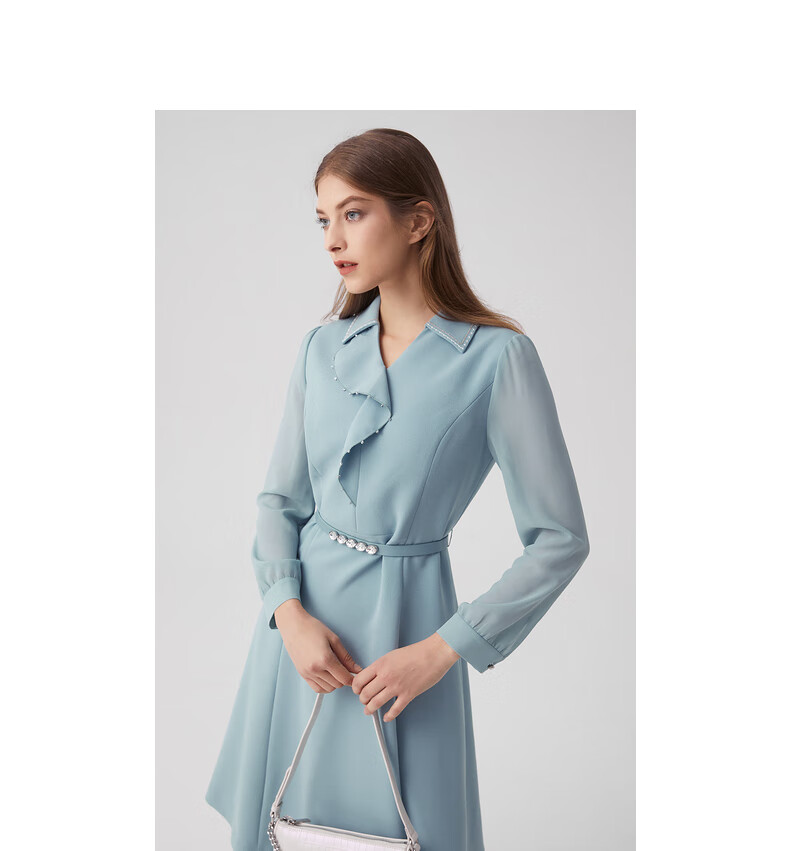 衬衫裙商场同款春秋季收腰显瘦香轻商务通勤连衣裙浅雾霾蓝色17088axl