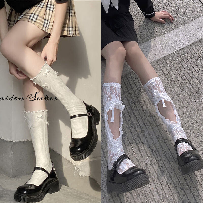 白袜女长袜子夏天薄款棉袜女生堆堆袜中长筒祙孑日系丝袜少女蝴蝶结jk
