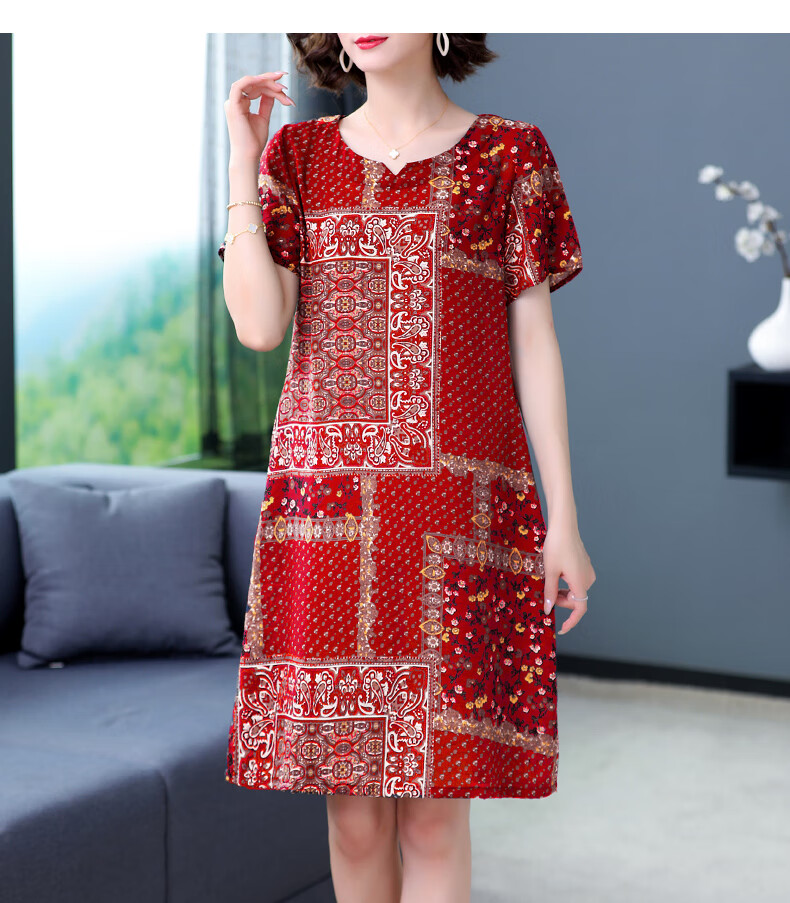 中老年雪纺连衣裙宽松大码中年妈妈夏装洋气雪纺年轻连衣裙50岁40中