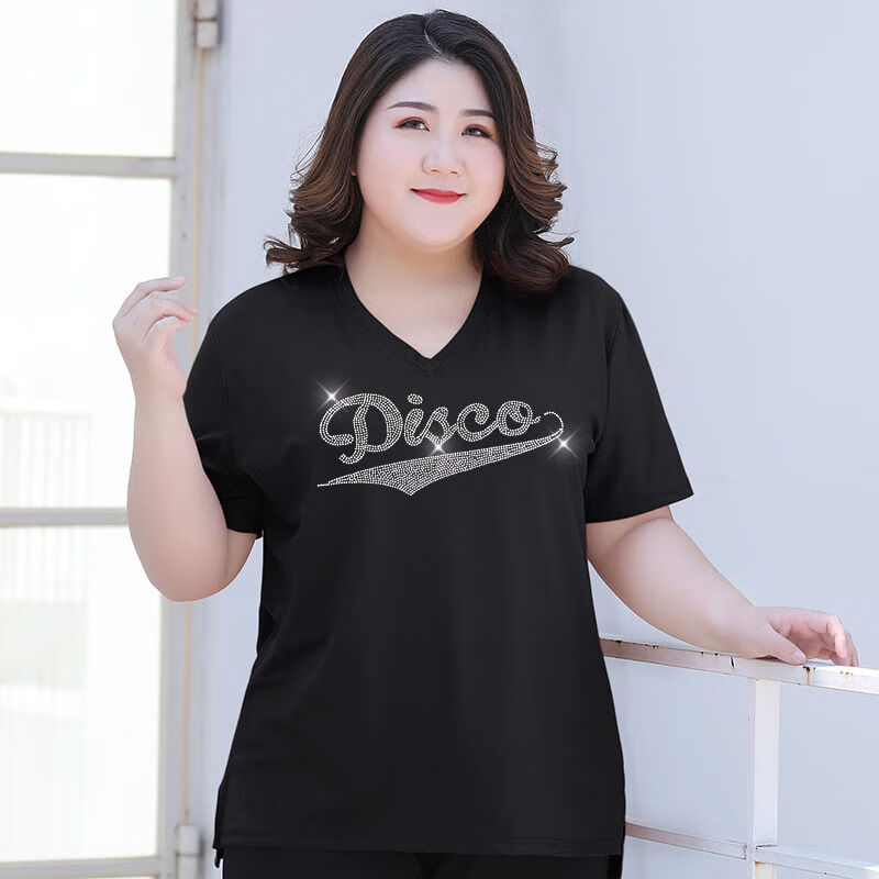 加肥加大夏天t恤女士中年妈妈遮大肚子加大加肥胖mm短袖t恤v领烫钻女