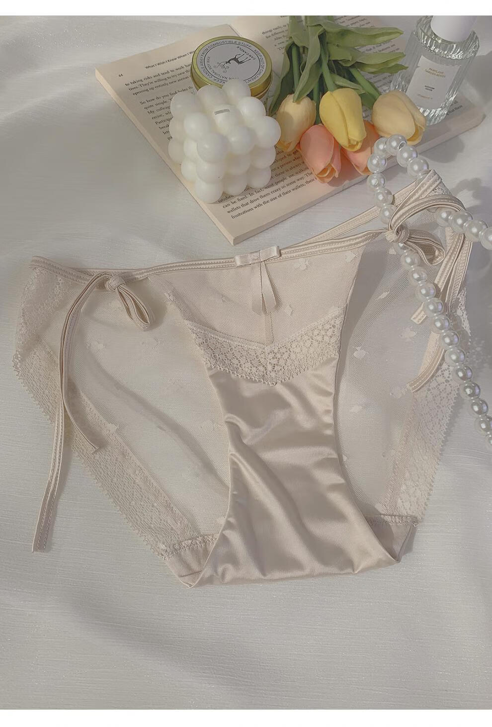 系带内裤女法式刺绣系带内裤女两侧可解蕾丝性感三角裤 7008黑色 m