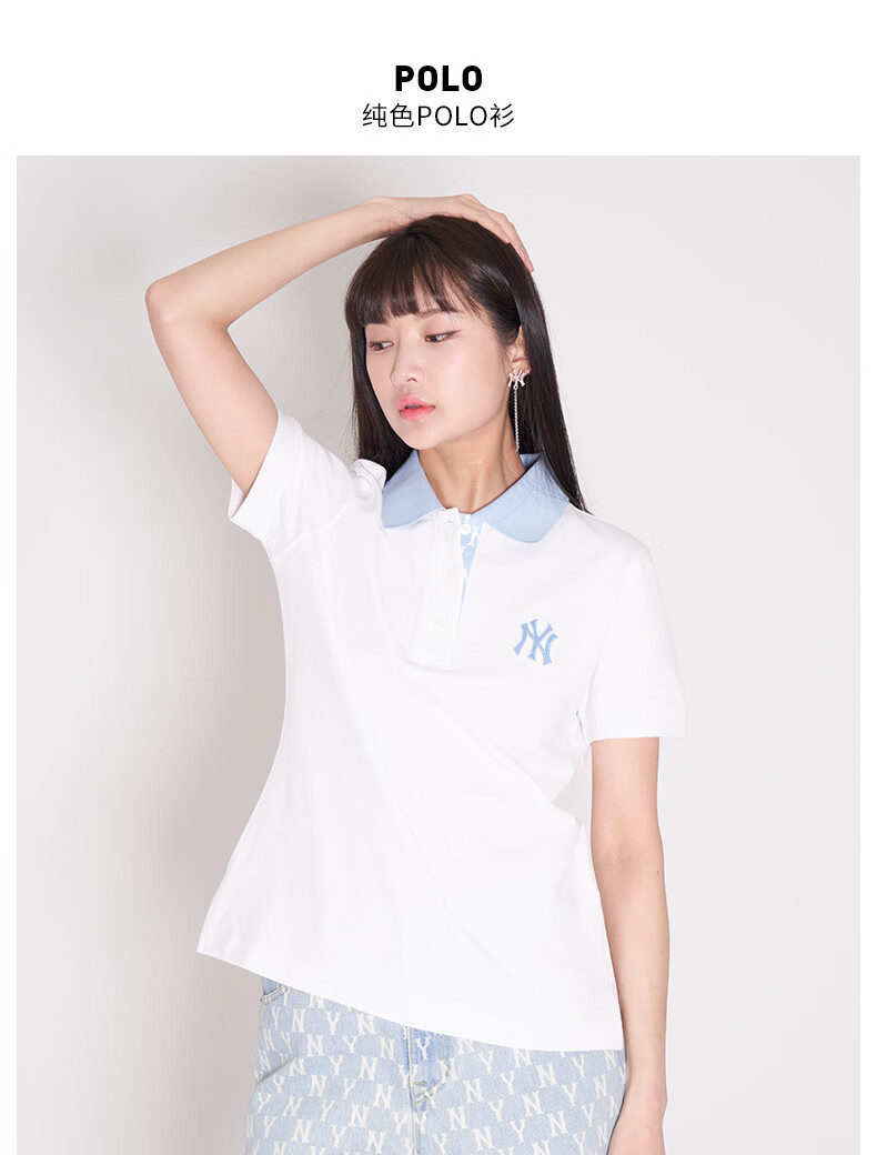mlb代购女款夏季复古老花polo衫纯色ny刺绣短袖 polo领纯色ny刺绣短袖