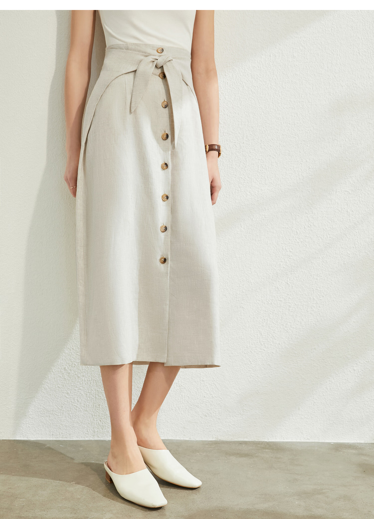 amii极简复古天然亚麻半身裙2020夏新款宽松显瘦a字中长过膝裙 豆沙色