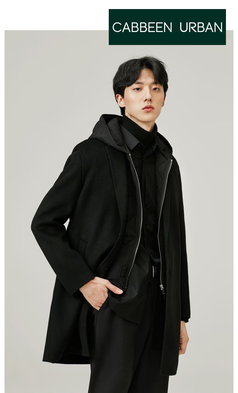 cabbeen卡宾都市男装呢大衣外套简约纯色商务休闲男士a煤黑色0146165s