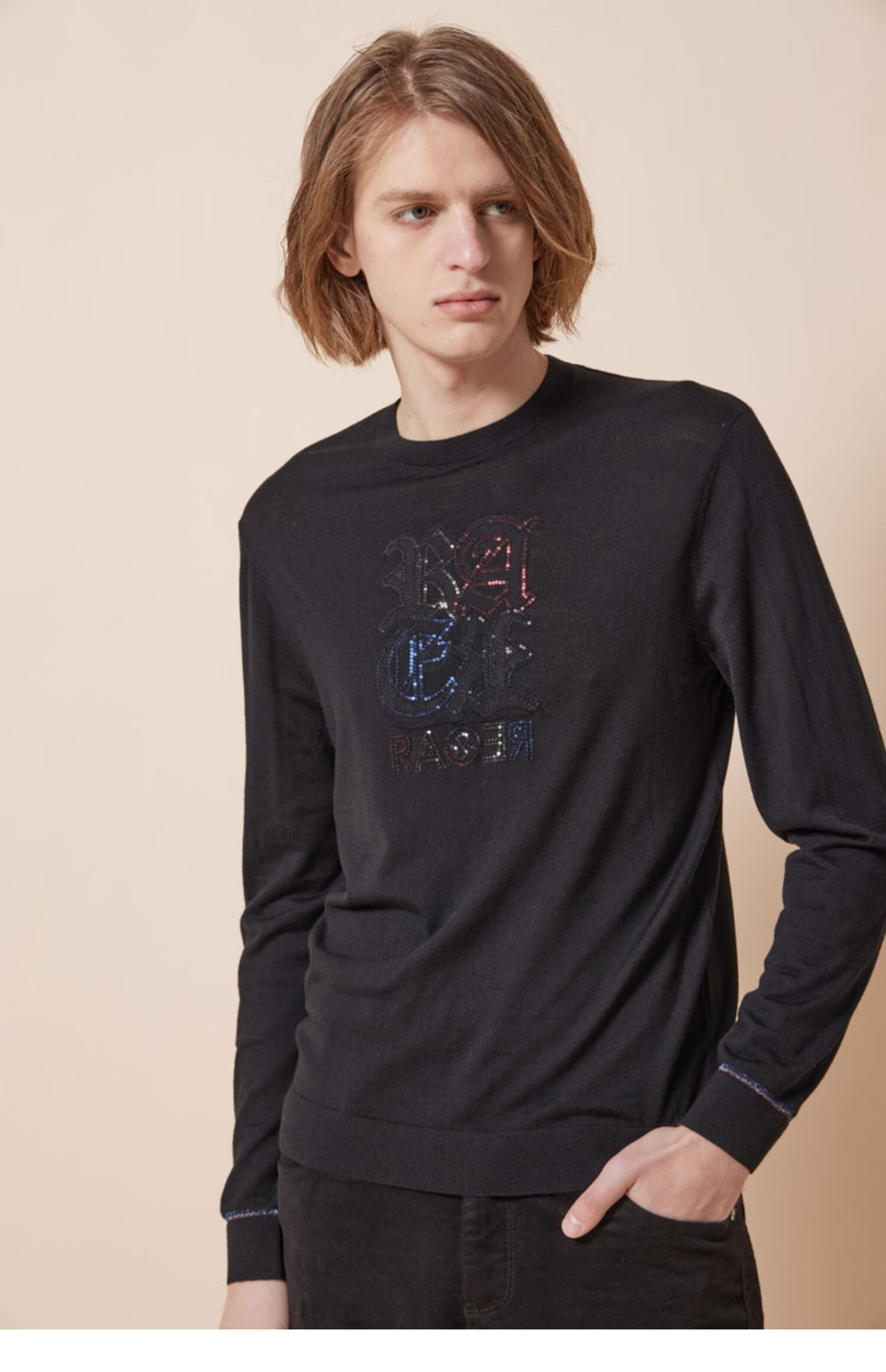 rare 意大利威雅奢侈品 男装男士毛衣黑色珠片绣字母图案长袖毛衫黑色