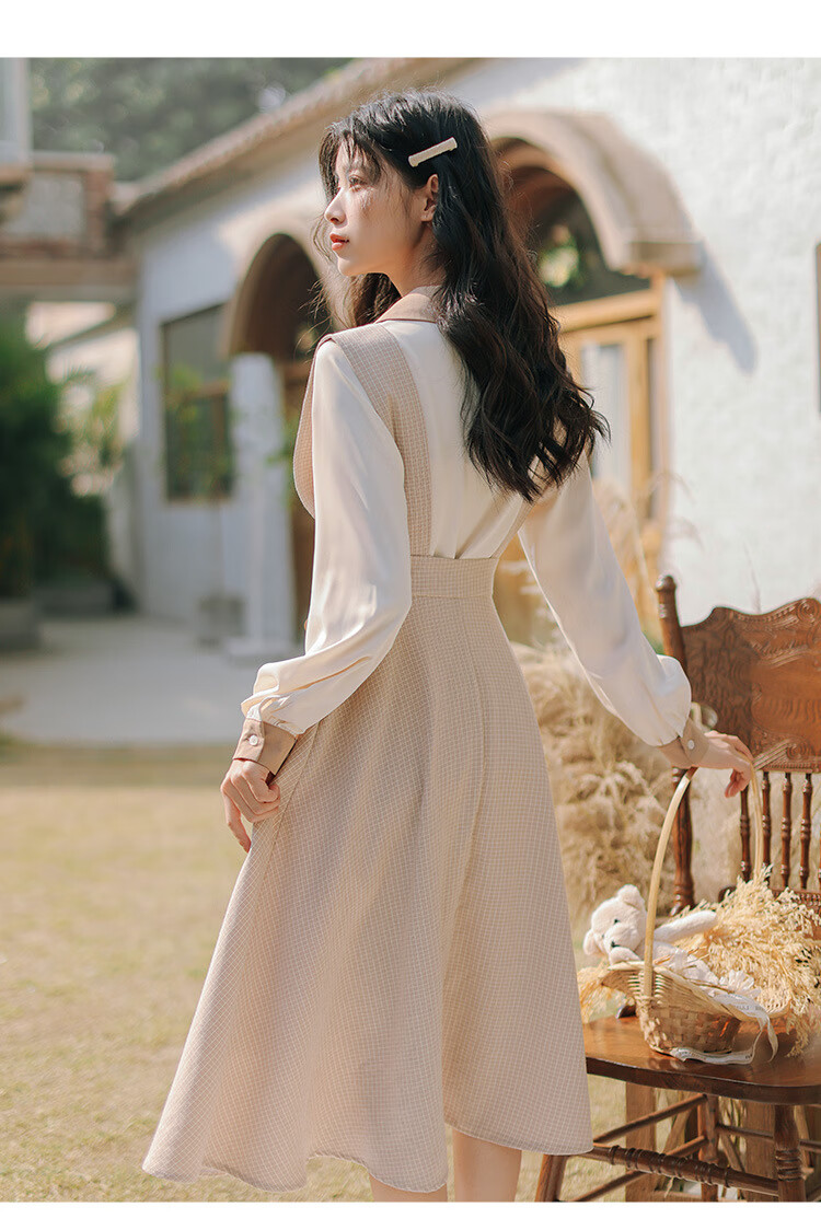 存依阁初中学生女生高中生大学生少女装复古连衣裙2022春季新款长袖拼